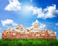 Broken Brick Wall with landscape