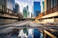 a broken bridge in an urban setting surrounded by skyscrapers Royalty Free Stock Photo