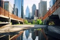 a broken bridge in an urban setting surrounded by skyscrapers Royalty Free Stock Photo