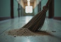 Broken broom beside a pile of dust in a hallway setting Royalty Free Stock Photo