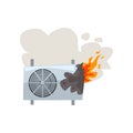 Broken burning air conditioner, damaged home appliance cartoon vector Illustration on a white background Royalty Free Stock Photo