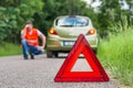 Broken car on the road and unhappy driver Royalty Free Stock Photo