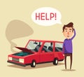 Broken car. Vector cartoon illustration. Need help
