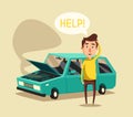 Broken car. Vector cartoon illustration. Need help
