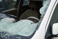 Broken car windshield, closeup. Damaged vehicle after car crash