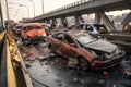 Broken cars on city bridge after terrorist attack cause traffic jam