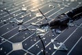 A broken cell phone lies on top of a tiled floor, abandoned and damaged, A broken solar panel being carefully disassembled for