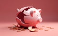 Broken ceramic pink piggy bank with coins scattered around
