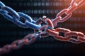 broken chain with blue and red links symbolizes disruption and security in digital technology background features binary code