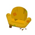 Broken chair. Old armchair. Cartoon flat illustration. Torn fabric and patches on the furniture