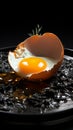 A broken chicken egg displayed on a somber black plate, raw vulnerability Royalty Free Stock Photo