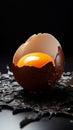 A broken chicken egg displayed on a somber black plate, raw vulnerability Royalty Free Stock Photo