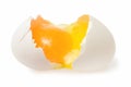 Broken chicken egg on an isolated white background. Top side view. Royalty Free Stock Photo