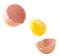 Broken chicken egg pours out and flies on a white background. Isolated