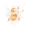 Broken chicken egg with a splash of flour, hanging in the air