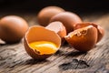 Broken chicken eggs with yolk on wooden table