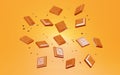 Broken chocolate bar, 3d rendering. Flying pieces of chocolate in the air, on a yellow background