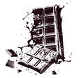 Broken chocolate bar and pieces of chocolate hand drawn engraving style sketch