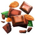 Broken chocolate bars and almond nuts and mint leaf, sweet cocoa dessert, chocolate pieces, top view, close up, isolated