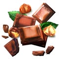Broken chocolate bars and hazelnut nuts and mint leaf, sweet cocoa dessert, chocolate pieces, top view, close up Royalty Free Stock Photo
