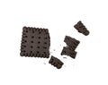 Broken Chocolate Biscuit Isolated, Black Crumbled Cookie, Dark Biscuit Pieces, Square Butter Cookies Bites Royalty Free Stock Photo