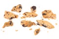 broken chocolate chip cookies isolated on white background. Sweet biscuits. Homemade pastry. Royalty Free Stock Photo