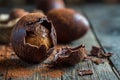 A broken chocolate easter egg with filling on a rustic wooden table Royalty Free Stock Photo