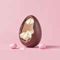 A broken chocolate Easter egg on a light pink background with room for text. A minimalistic Easter holiday theme Royalty Free Stock Photo