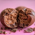 Broken chocolate Easter egg on a pastel pink background, offering space for text. A refined, Easter-themed visual Royalty Free Stock Photo