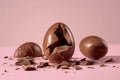 Broken chocolate egg on pink background, easter chocolates picture Royalty Free Stock Photo