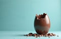 Broken chocolate egg rests on light blue surface with scattered chocolate pieces. Empty shell hollow interior, jagged edges, Royalty Free Stock Photo