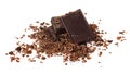 Broken chocolate. Heap of ground and grated chocolate isolated on white background