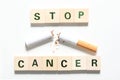 A broken cigarette and the words stop cancer written with wooden block isolated on white background Royalty Free Stock Photo