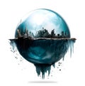 Broken city in water drop like planet Earth globe, isolated on white background, ecology concept, realistic 3D illustration,