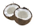 2 broken coconut half pieces isolated on white