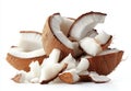 Broken Coconut Pieces, Isolated on White Background, Tropical Fruit, Cracked Coconut, Coconut Flakes Royalty Free Stock Photo