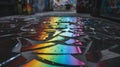 Shards of Cds on the Street Create a Colorful, Rainbow Pavement in the City Royalty Free Stock Photo