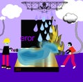 Illustration, broken computer teamwork repair fight fire Royalty Free Stock Photo