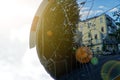 Broken convex mirror with cracked - view from a street mirror to a street