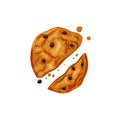 Broken cookies with chocolate chips. Bitten cookie on a white isolated background. Crumbled dessert. Icon. Vector Royalty Free Stock Photo