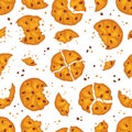 Broken cookies seamless pattern. Homemade shortbread cakes, sweet biscuits with chocolate chips, crumbled snacks