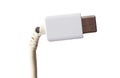 Broken cord on USB plug isolated on white background. Macro Royalty Free Stock Photo