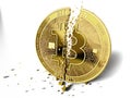 A broken or cracked Bitcoin on white background. Isolated on white. Bitcoin crash concept. 3D rendering