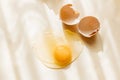 Broken and cracked brown chicken eggshell and raw egg on pastel yellow background Royalty Free Stock Photo