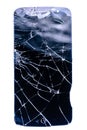 Broken and cracked glass smartphone screen, white lines on black screen on white background, design element, background texture