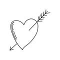 Broken cracked heart with arrow through in hand drawn doodle style. Simple cute vector illustration. Valentine's day