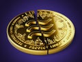 A broken or cracked Libra concept coin is laying on violet background. Libra in troubles - abandoned by investors concept. 3D