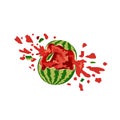 Broken crashed smashed watermelon on white background. Vector cracked watermelon. Watermelon splash. Isolated tropical fruit