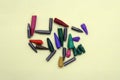 Broken crayon tips. Broken crayons. Crushed crayons. Royalty Free Stock Photo