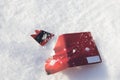 Broken credit card on snow background